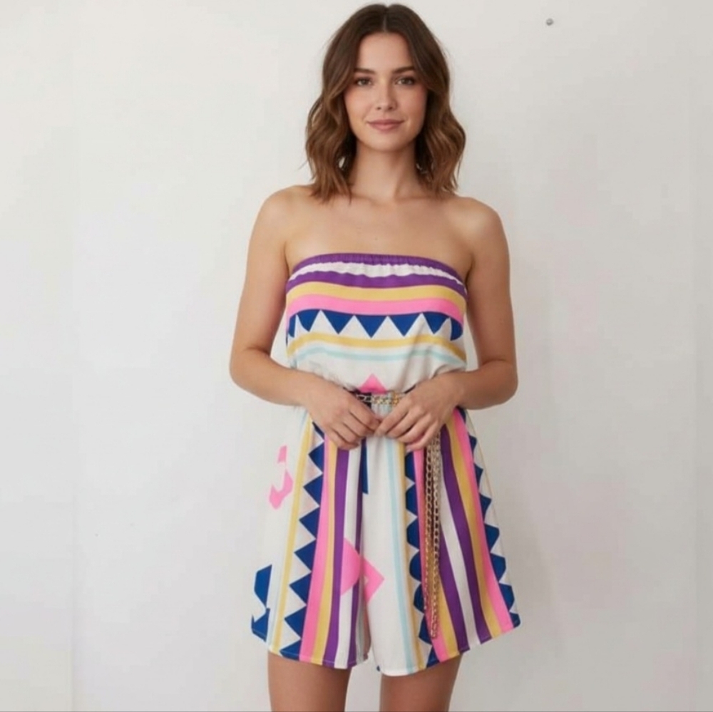 Aluna Levi Multi Color Geometric Pattern Strapless Romper NWT Small